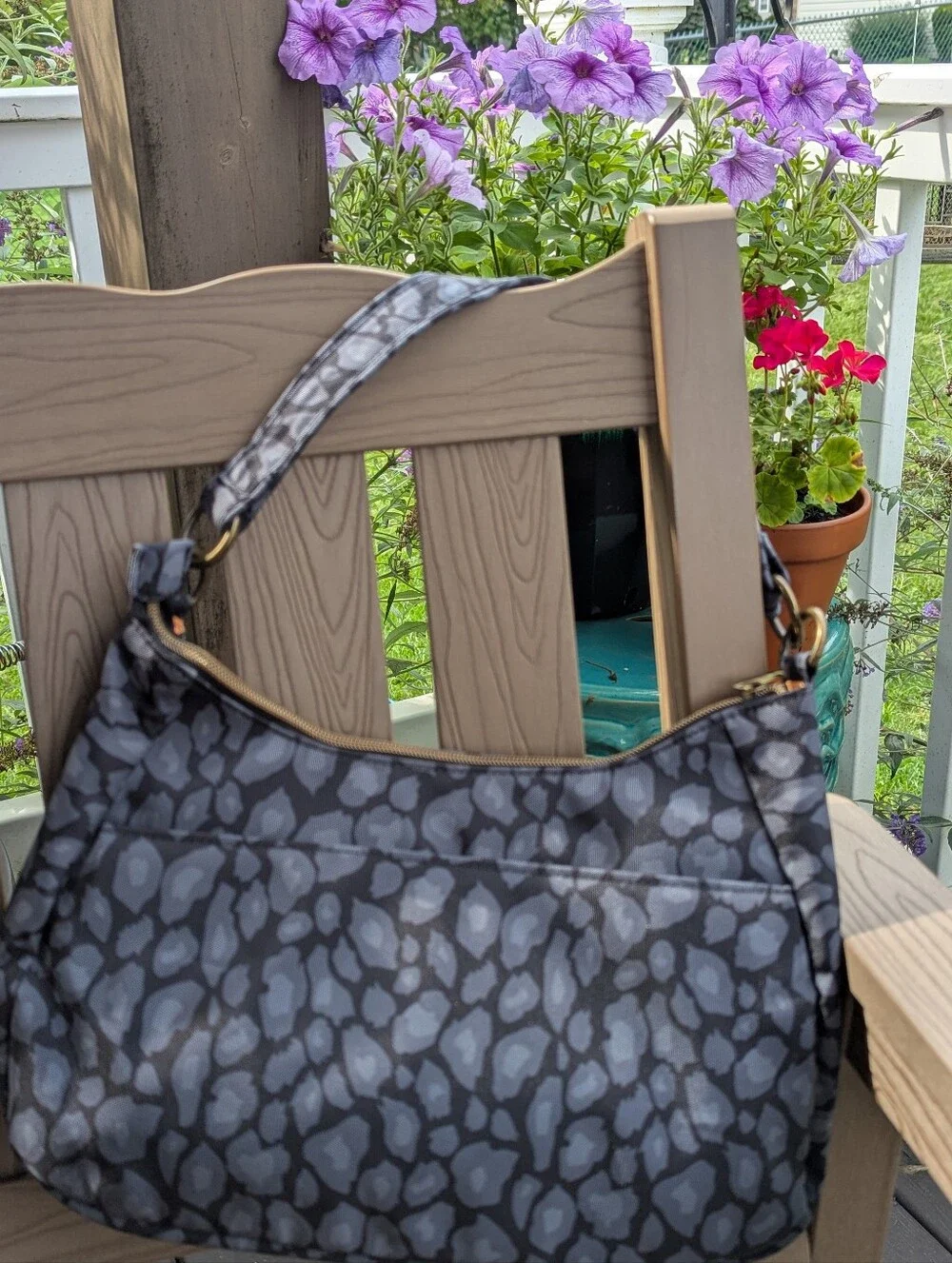 Travelon Gray Leopard-Print Hobo Shoulder Bag with Gold Accents